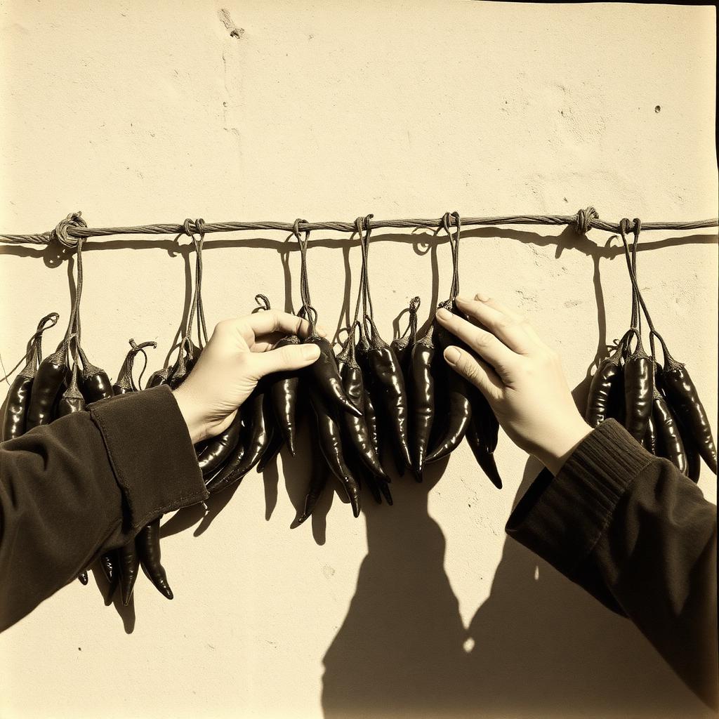 Chile ristras drying on the south wall of the Vigil smokehouse